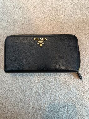 Prada Black Leather Zip-Around Wallet with Gold Logo